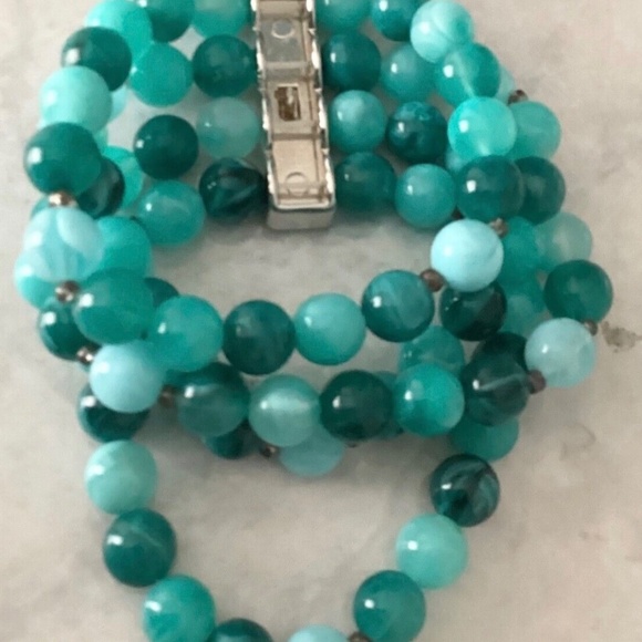 BNIB ~QVC Isaac Mizrahi Shades Of Blue 4 Strand Stretch Bead Bracelet Silver - Picture 6 of 6